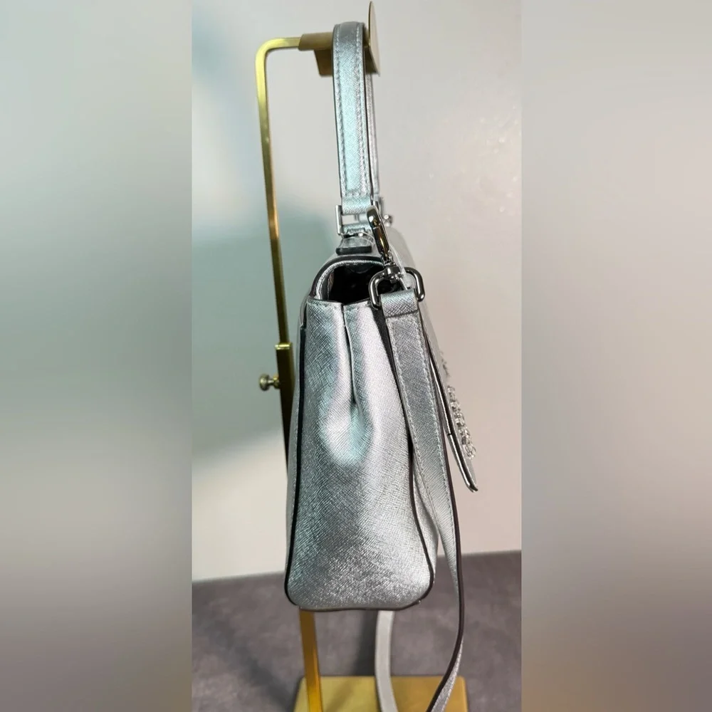 Michael Kors satchel crossbody Saffiano leather metallic silver crystal floral - Picture 4 of 16